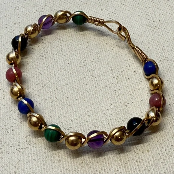 Multi Gemstone GOLD FILLED WIRE WRAPPED BANGLE BRACELET Malachite Onyx Rhodonite - Picture 2 of 6